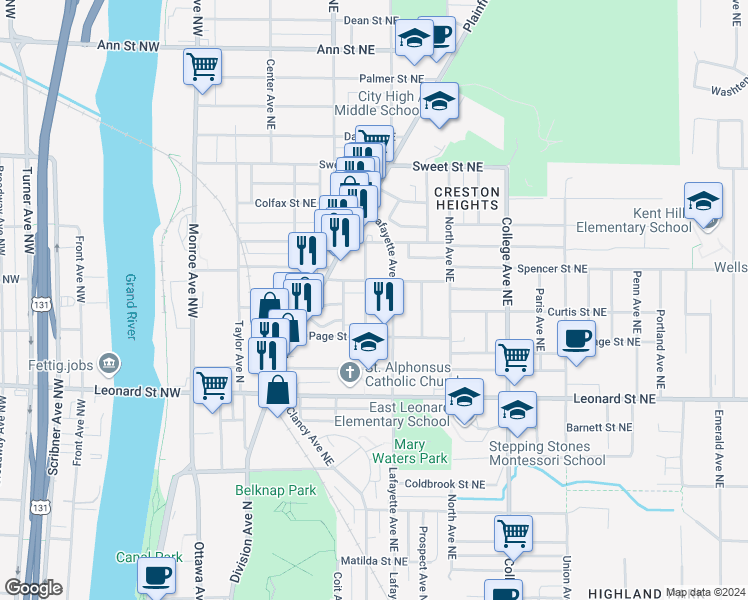 map of restaurants, bars, coffee shops, grocery stores, and more near 1319 Buffalo Avenue Northeast in Grand Rapids