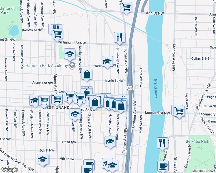 map of restaurants, bars, coffee shops, grocery stores, and more near 1312 Hamilton Avenue Northwest in Grand Rapids