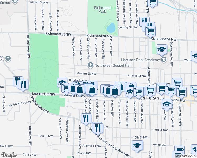 map of restaurants, bars, coffee shops, grocery stores, and more near 1124 Crosby Street Northwest in Grand Rapids