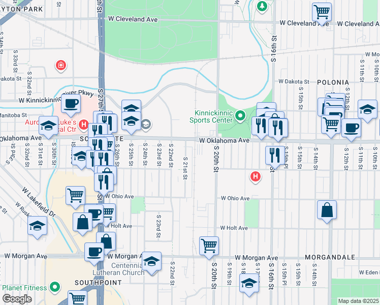 map of restaurants, bars, coffee shops, grocery stores, and more near 3162 South 21st Street in Milwaukee