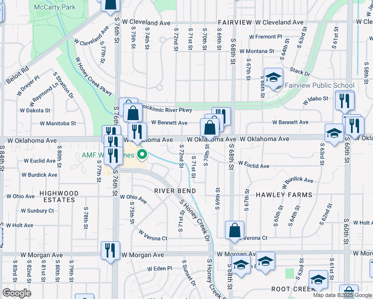map of restaurants, bars, coffee shops, grocery stores, and more near 3162 South 72nd Street in Milwaukee