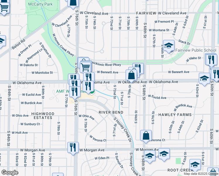 map of restaurants, bars, coffee shops, grocery stores, and more near 7336 West Fernwood Circle in Milwaukee