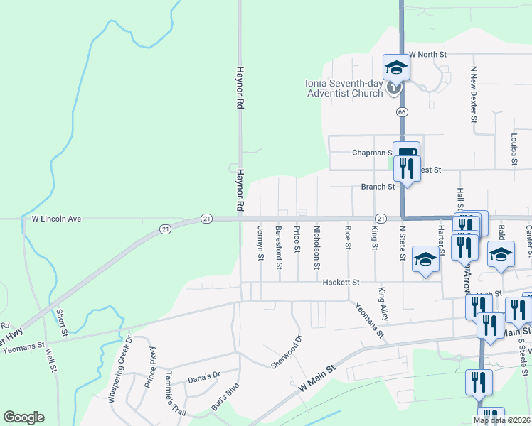map of restaurants, bars, coffee shops, grocery stores, and more near 1063 West Lincoln Avenue in Ionia