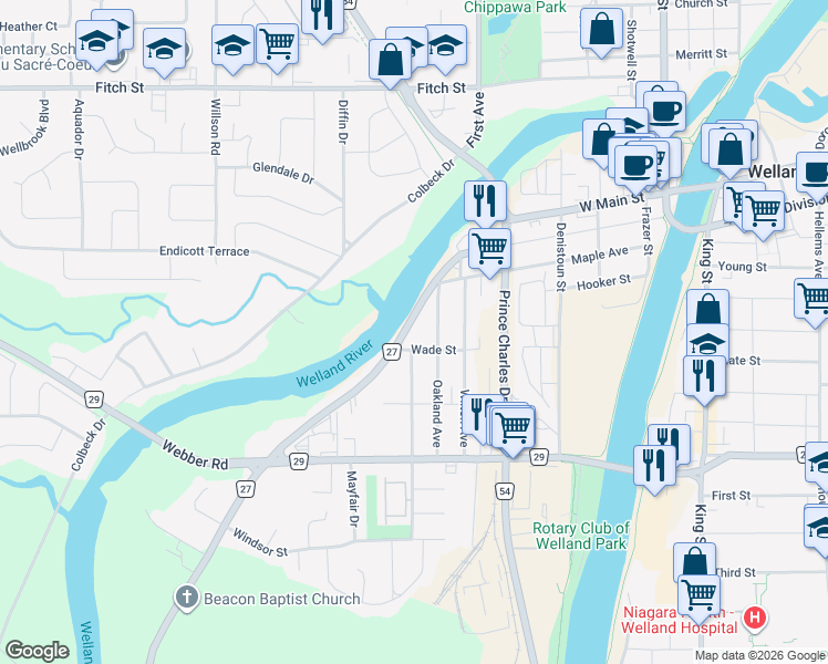 map of restaurants, bars, coffee shops, grocery stores, and more near in Welland