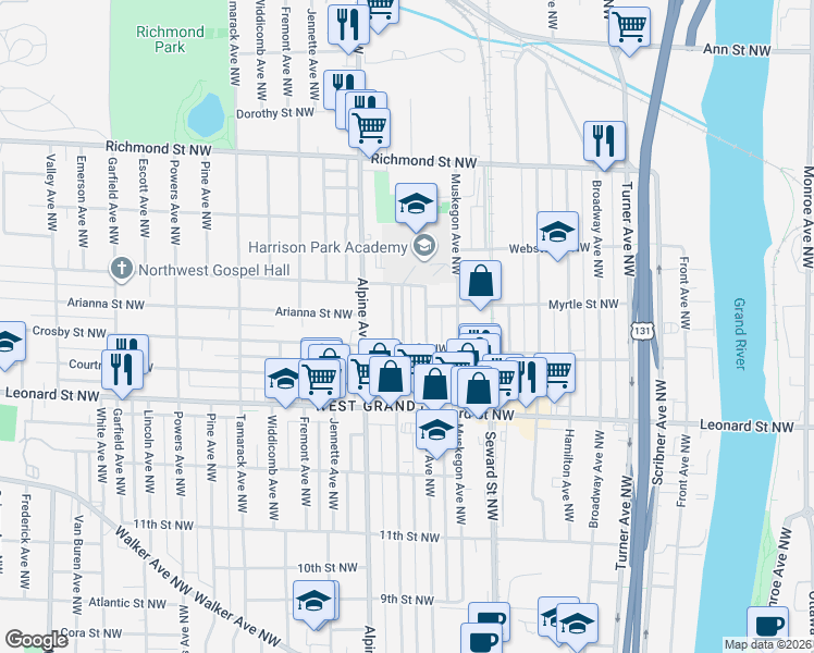 map of restaurants, bars, coffee shops, grocery stores, and more near 1301 Davis Avenue Northwest in Grand Rapids