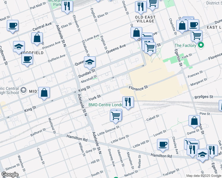 map of restaurants, bars, coffee shops, grocery stores, and more near 745 York Street in London