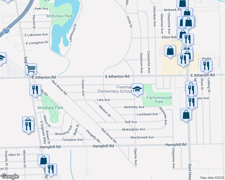 map of restaurants, bars, coffee shops, grocery stores, and more near 523 Leta Avenue in Flint