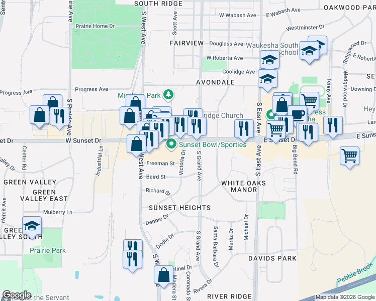 map of restaurants, bars, coffee shops, grocery stores, and more near 1425 Victoria Drive in Waukesha