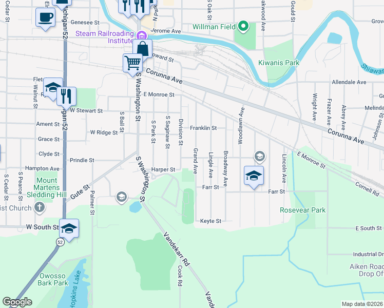 map of restaurants, bars, coffee shops, grocery stores, and more near 808 Grand Avenue in Owosso