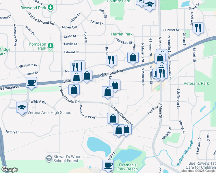 map of restaurants, bars, coffee shops, grocery stores, and more near 522 Topp Avenue in Verona