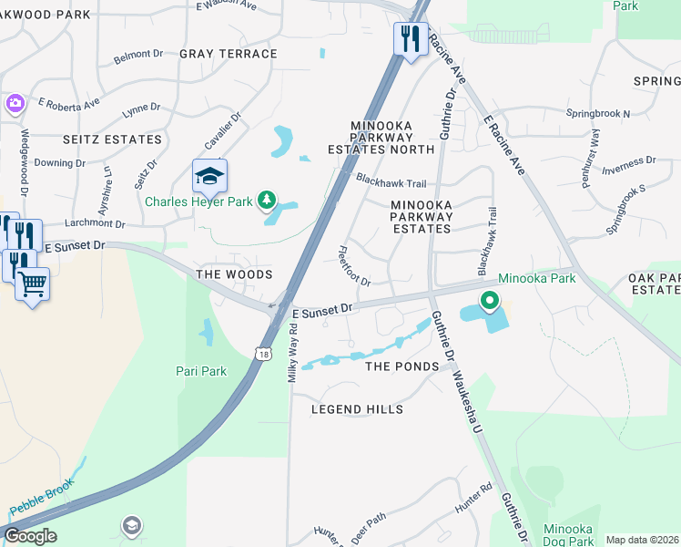 map of restaurants, bars, coffee shops, grocery stores, and more near 1312 Navajo Lane in Waukesha