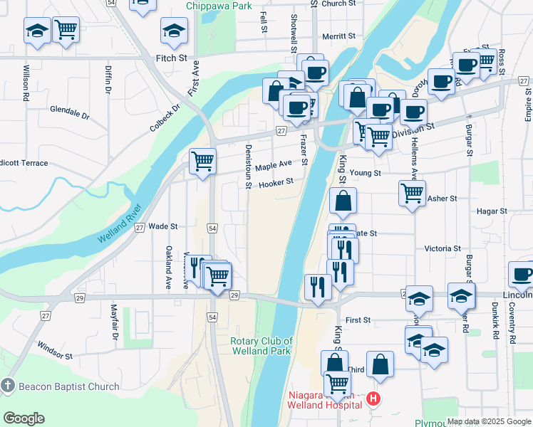 map of restaurants, bars, coffee shops, grocery stores, and more near 210 Denistoun Street in Welland