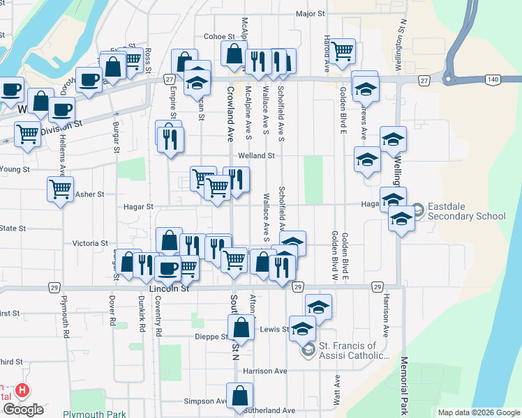 map of restaurants, bars, coffee shops, grocery stores, and more near 273 Wallace Avenue South in Welland