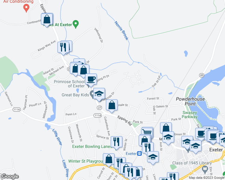 map of restaurants, bars, coffee shops, grocery stores, and more near 1 Brookside Drive in Exeter