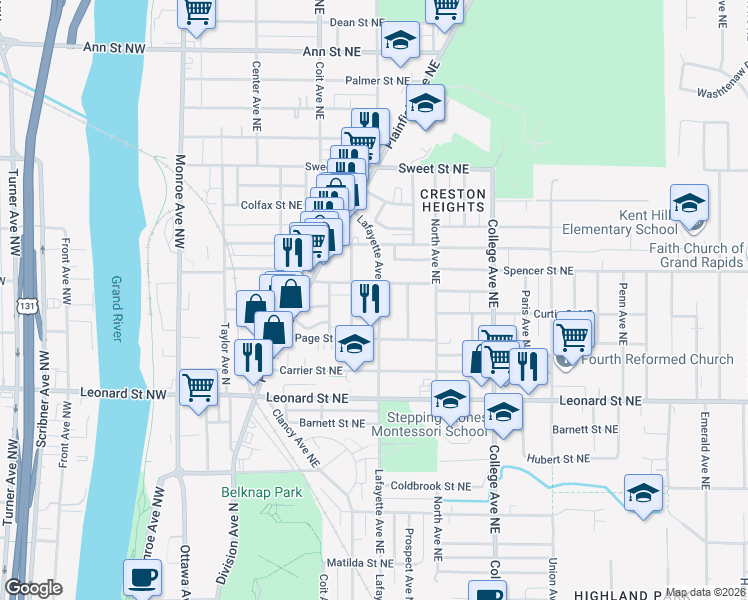 map of restaurants, bars, coffee shops, grocery stores, and more near 1343 Lafayette Avenue Northeast in Grand Rapids