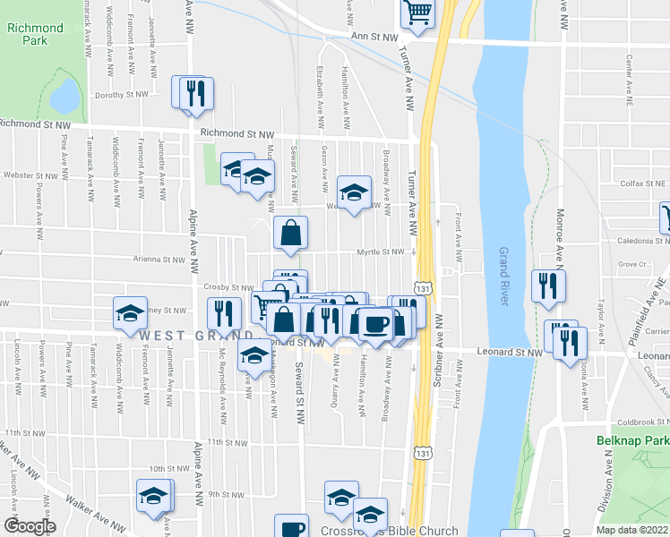 map of restaurants, bars, coffee shops, grocery stores, and more near 1327 Quarry Avenue Northwest in Grand Rapids