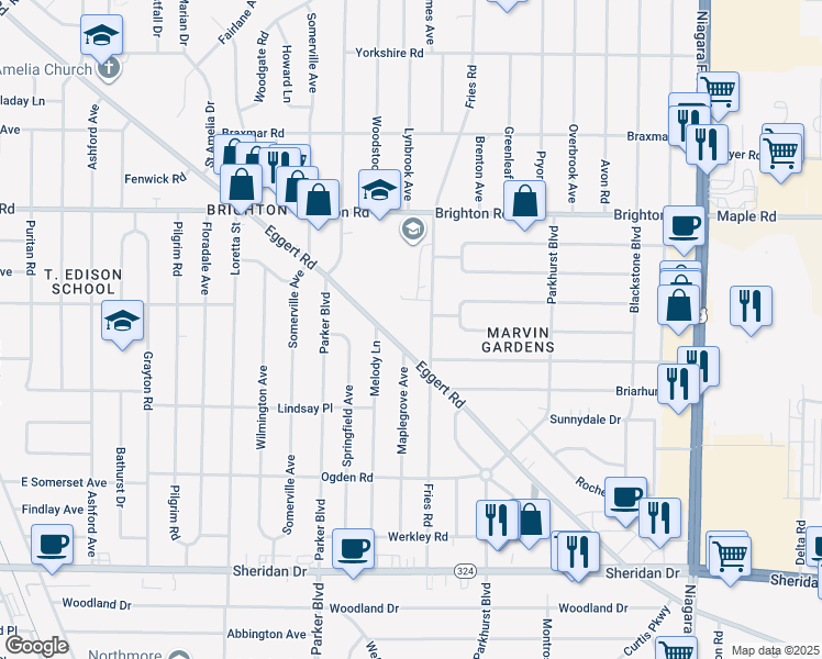 map of restaurants, bars, coffee shops, grocery stores, and more near 300 Fries Road in Tonawanda