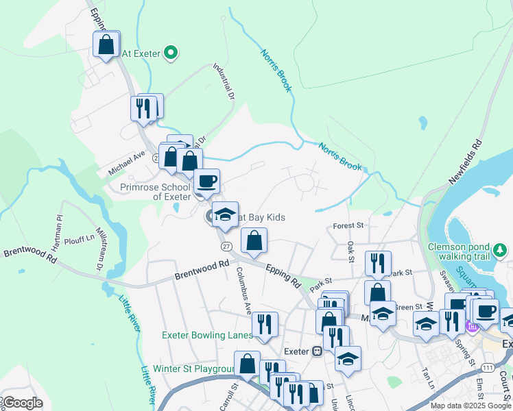 map of restaurants, bars, coffee shops, grocery stores, and more near 1 Brookside Drive in Exeter