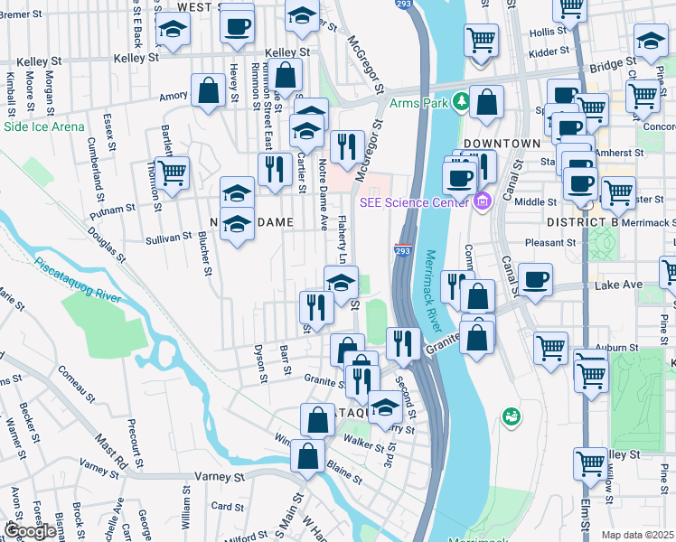 map of restaurants, bars, coffee shops, grocery stores, and more near 39 Hecker Street in Manchester