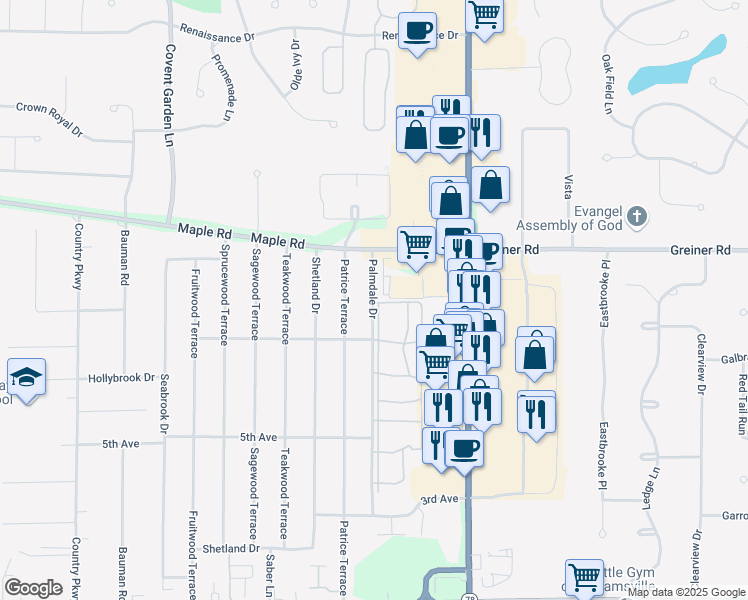 map of restaurants, bars, coffee shops, grocery stores, and more near 239-263 Palmdale Drive in Buffalo