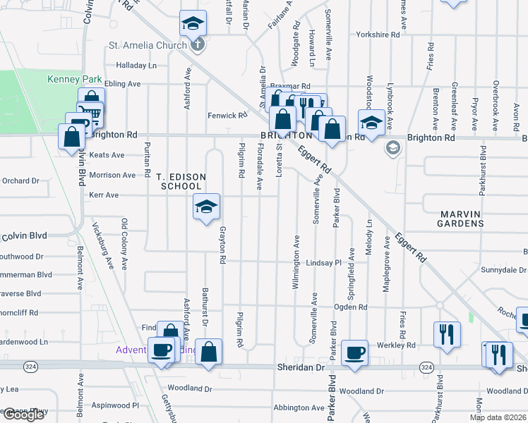 map of restaurants, bars, coffee shops, grocery stores, and more near 227 Floradale Avenue in Tonawanda