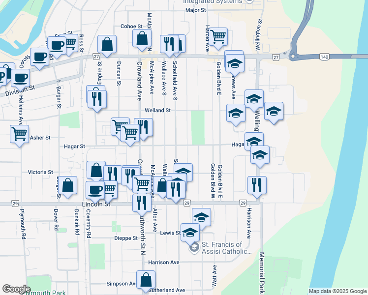 map of restaurants, bars, coffee shops, grocery stores, and more near in Welland