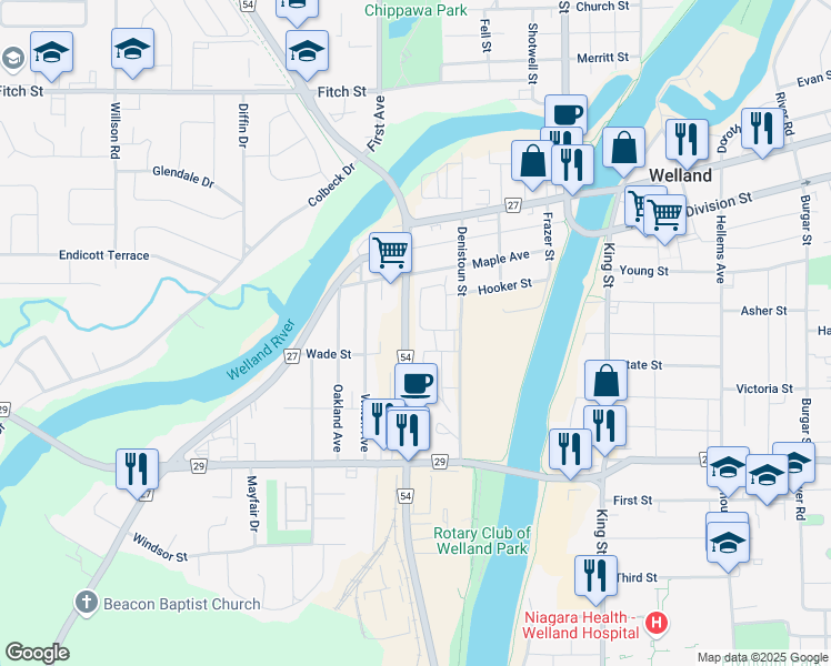 map of restaurants, bars, coffee shops, grocery stores, and more near 168 Denistoun Street in Welland