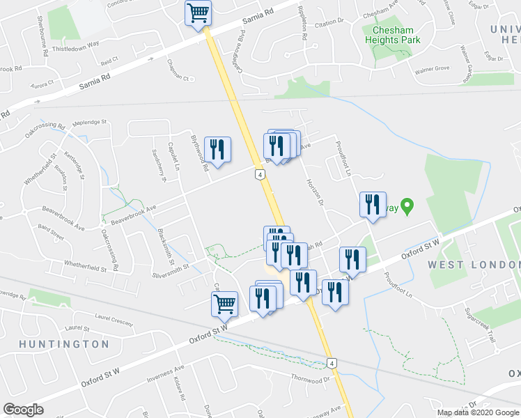 map of restaurants, bars, coffee shops, grocery stores, and more near 710 Wonderland Road North in London