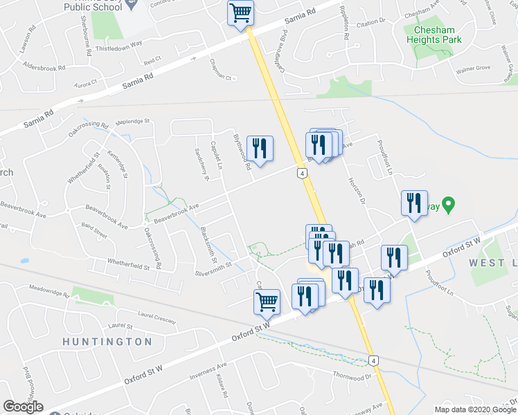 map of restaurants, bars, coffee shops, grocery stores, and more near 50 Capulet Lane in London