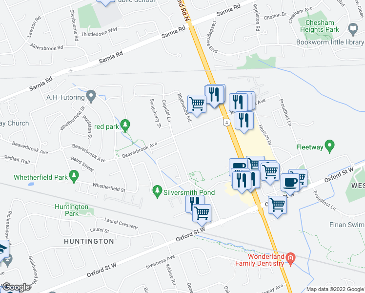 map of restaurants, bars, coffee shops, grocery stores, and more near 922 Blacksmith Street in London