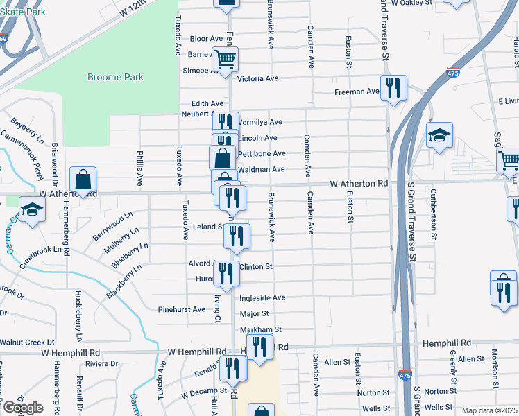 map of restaurants, bars, coffee shops, grocery stores, and more near 911 Leland Street in Flint