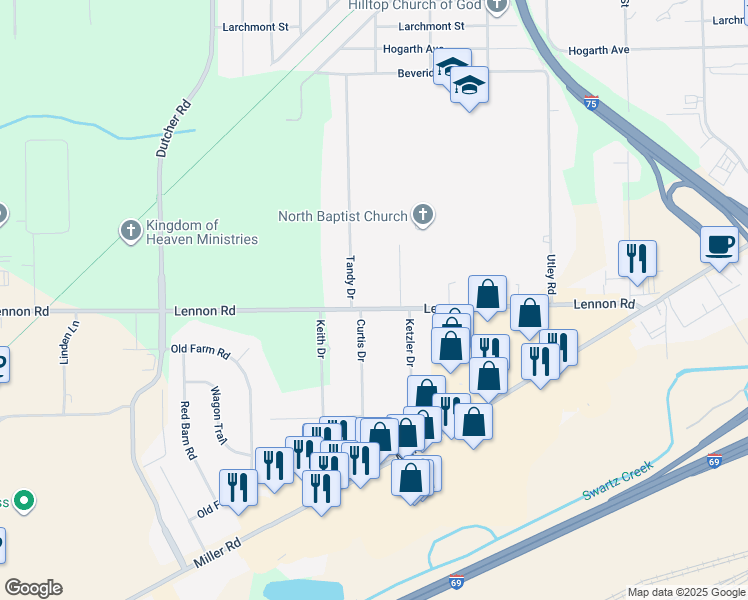 map of restaurants, bars, coffee shops, grocery stores, and more near 3011 Curtis Drive in Flint