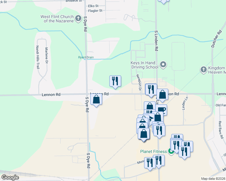 map of restaurants, bars, coffee shops, grocery stores, and more near 5158 Lennon Road in Flint