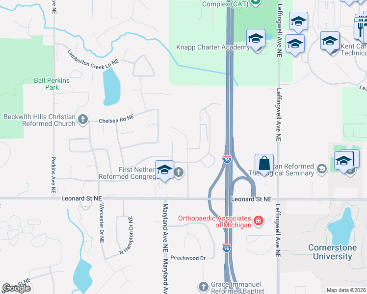 map of restaurants, bars, coffee shops, grocery stores, and more near 1328 Dewberry Court Northeast in Grand Rapids