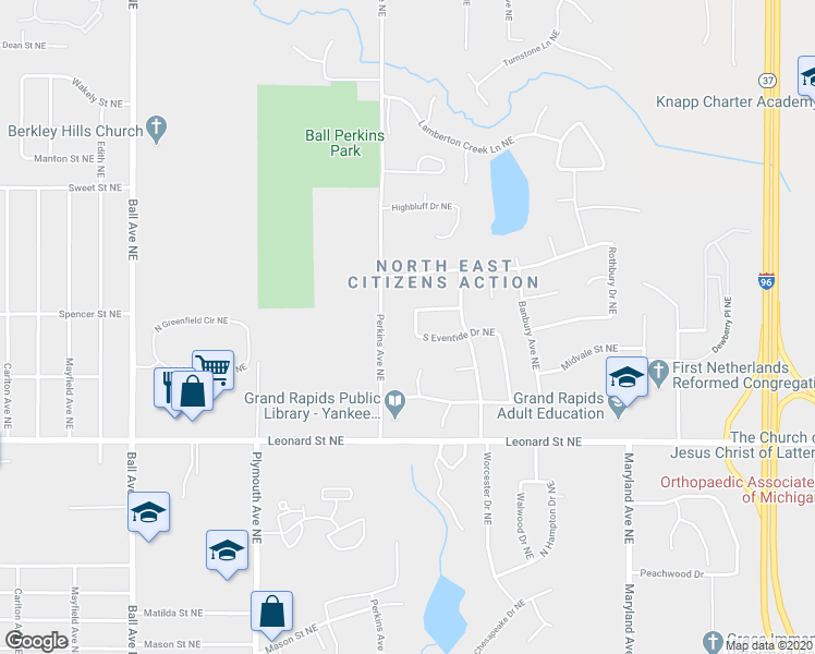 map of restaurants, bars, coffee shops, grocery stores, and more near 2048 South Eventide Drive Northeast in Grand Rapids