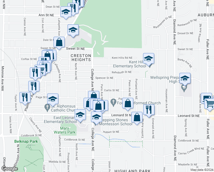 map of restaurants, bars, coffee shops, grocery stores, and more near 1320 Union Avenue Northeast in Grand Rapids