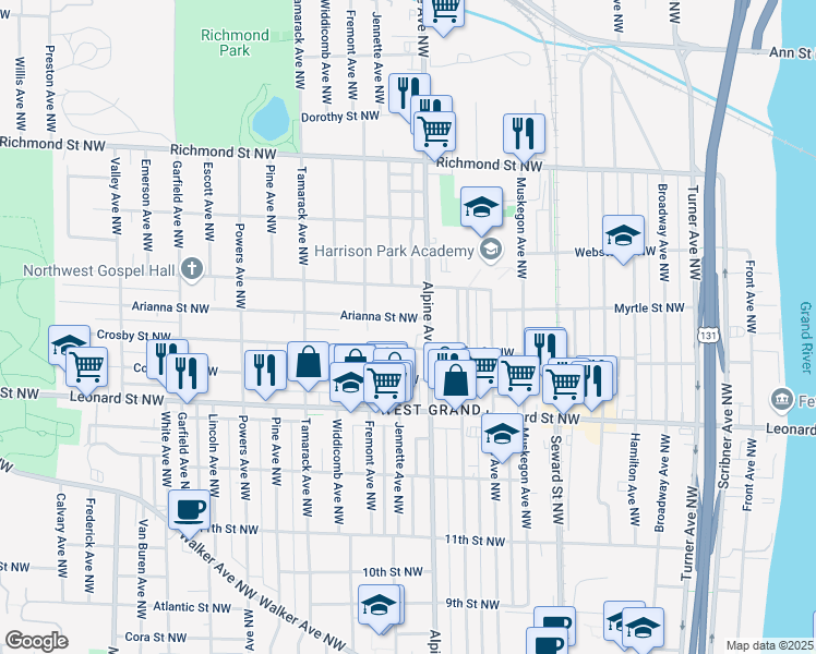 map of restaurants, bars, coffee shops, grocery stores, and more near 886 Broadway Avenue Northwest in Grand Rapids