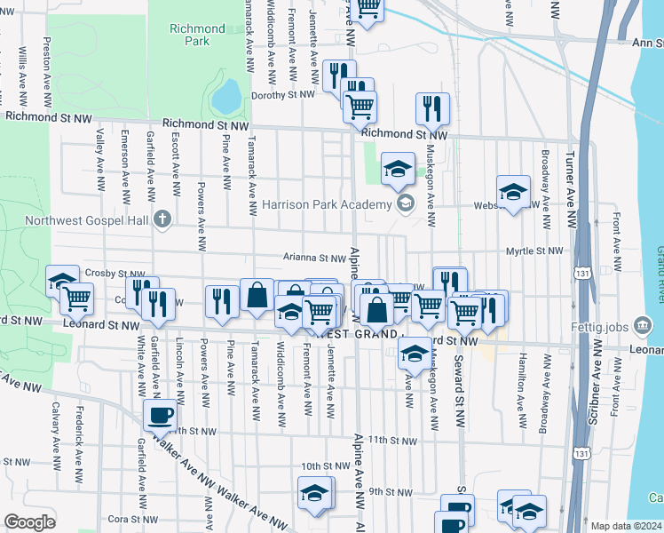 map of restaurants, bars, coffee shops, grocery stores, and more near 886 Broadway Avenue Northwest in Grand Rapids