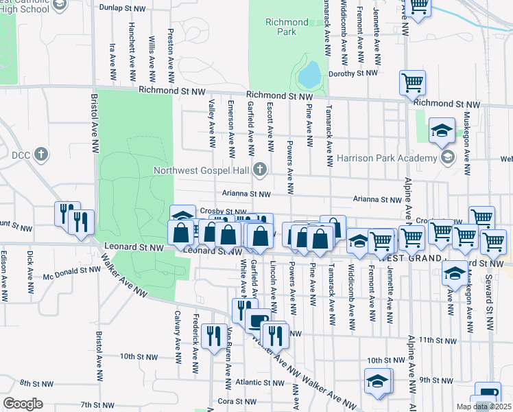 map of restaurants, bars, coffee shops, grocery stores, and more near 1249 Garfield Avenue Northwest in Grand Rapids