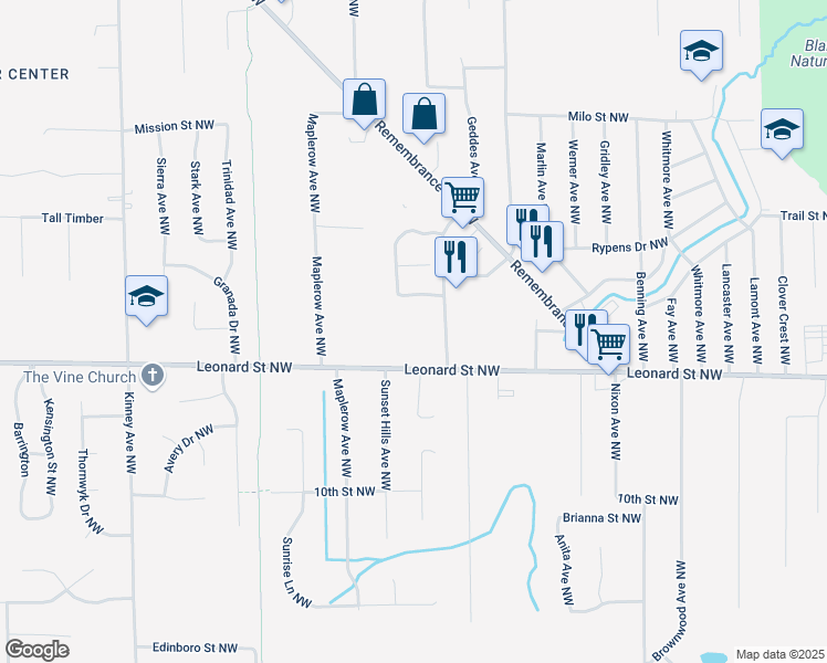 map of restaurants, bars, coffee shops, grocery stores, and more near 3559 Leonard Street Northwest in Grand Rapids