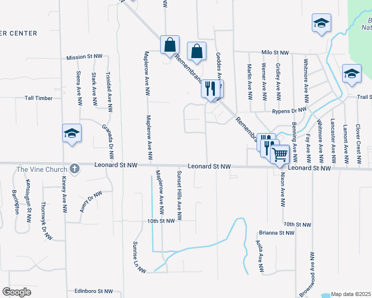 map of restaurants, bars, coffee shops, grocery stores, and more near 3559 Leonard Street Northwest in Grand Rapids