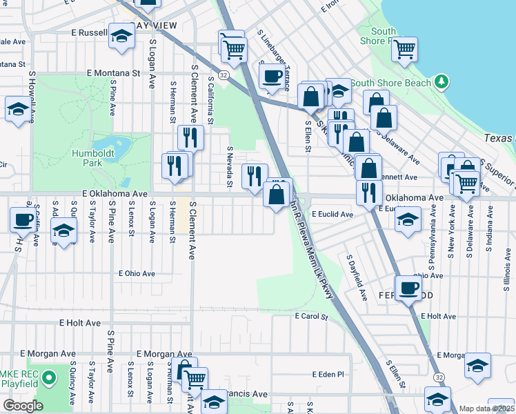 map of restaurants, bars, coffee shops, grocery stores, and more near 3153 South Hanson Avenue in Milwaukee