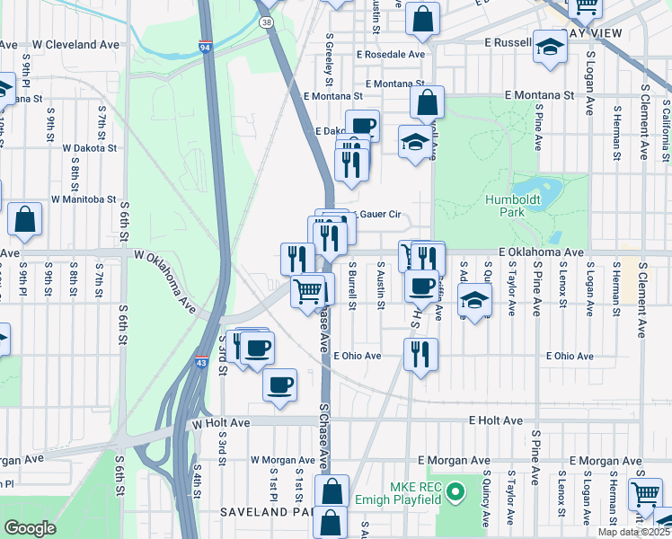 map of restaurants, bars, coffee shops, grocery stores, and more near 3154 Wisconsin 38 Trunk in Milwaukee