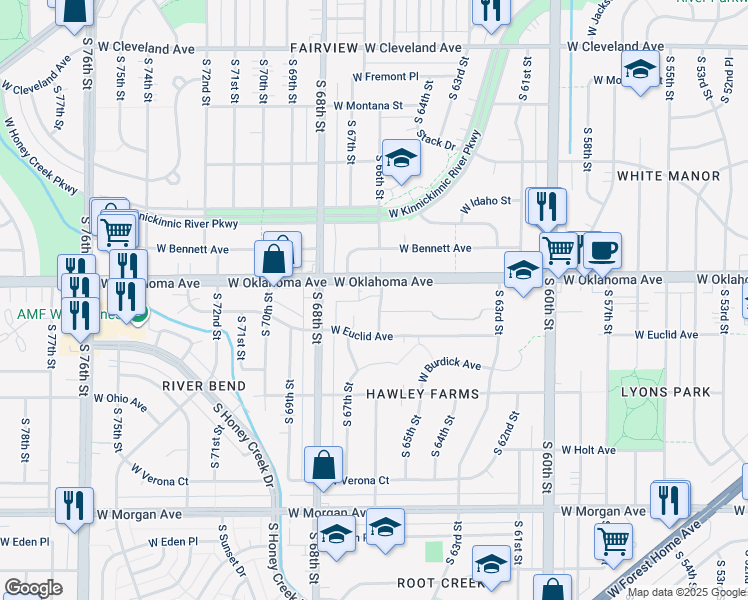 map of restaurants, bars, coffee shops, grocery stores, and more near 3160 South 67th Court in Milwaukee