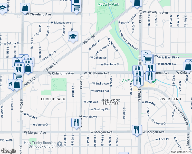 map of restaurants, bars, coffee shops, grocery stores, and more near 8214 West Euclid Avenue in Milwaukee