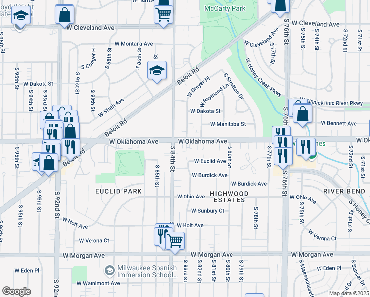 map of restaurants, bars, coffee shops, grocery stores, and more near 3150 South 84th Street in Milwaukee