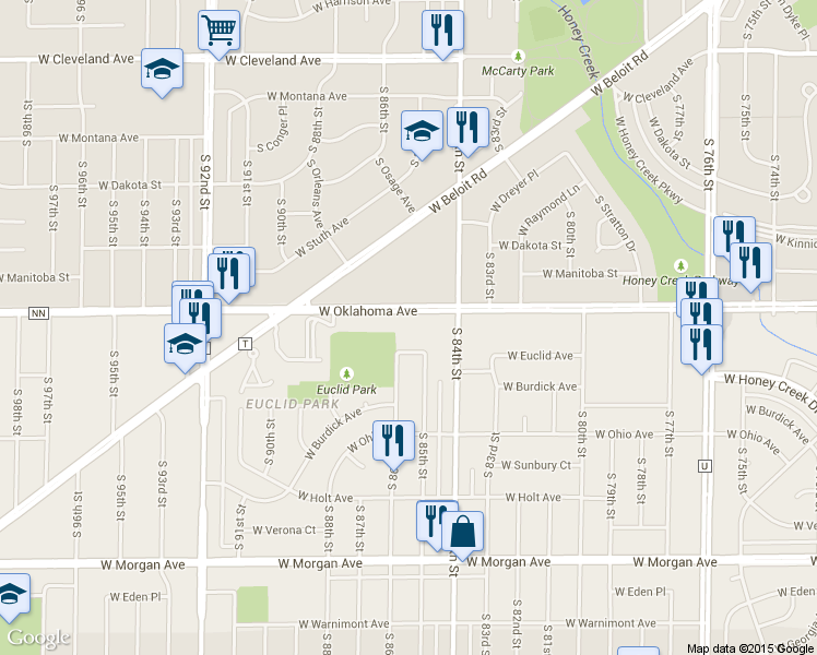 map of restaurants, bars, coffee shops, grocery stores, and more near 8560 West Euclid Avenue in Milwaukee