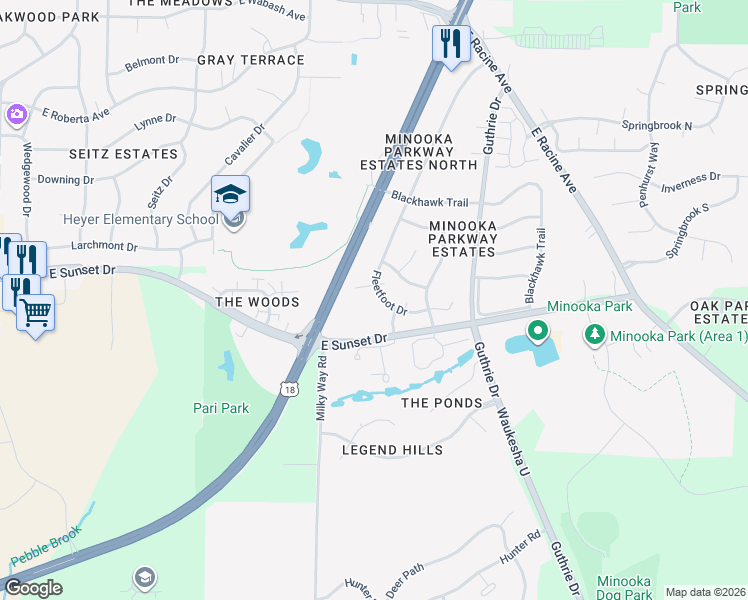 map of restaurants, bars, coffee shops, grocery stores, and more near 1312 Navajo Lane in Waukesha