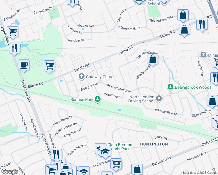 map of restaurants, bars, coffee shops, grocery stores, and more near 1970 Beaverbrook Avenue in London