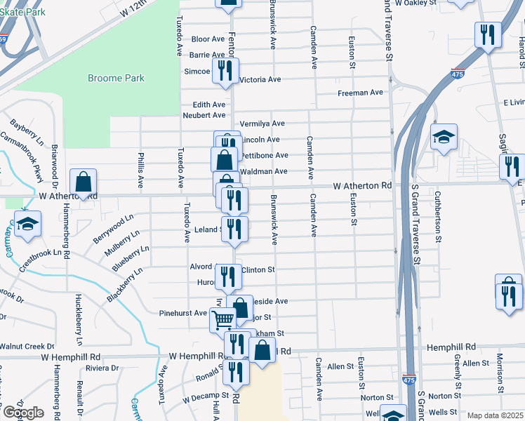 map of restaurants, bars, coffee shops, grocery stores, and more near 911 Leland Street in Flint